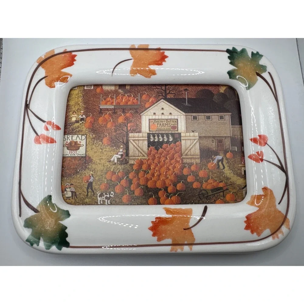 Folk Art Pumpkin Harvest Ceramic Picture Frame Autumn Leaves Bread Butter Farms